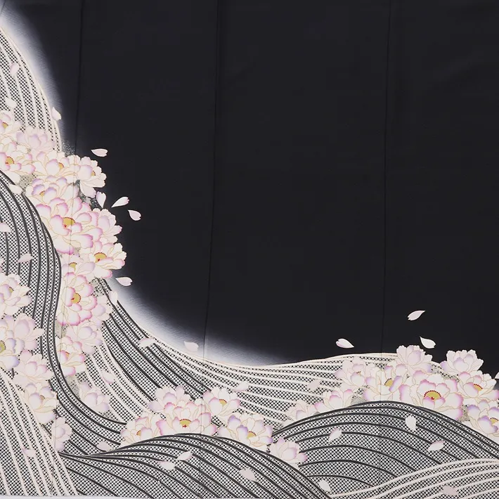 正絹訪問着ﾚ ﾝﾀﾙ 黒 流水 桜 8AD685