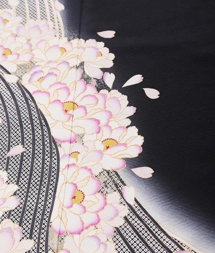 正絹訪問着ﾚ ﾝﾀﾙ 黒 流水 桜 8AD685