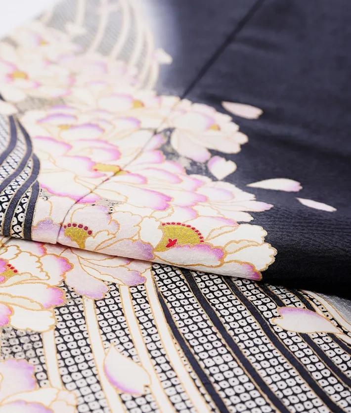 正絹訪問着ﾚ ﾝﾀﾙ 黒 流水 桜 8AD685