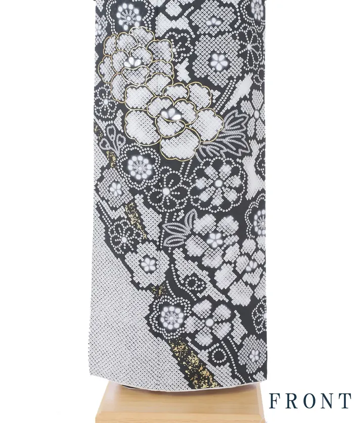 正絹訪問着ﾚ ﾝﾀﾙ 白 黒 疋田 牡丹 8AD684