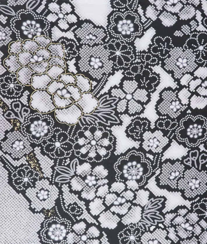 正絹訪問着ﾚ ﾝﾀﾙ 白 黒 疋田 牡丹 8AD684