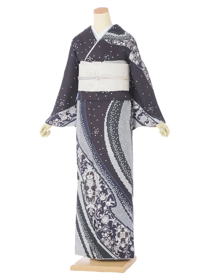 正絹訪問着ﾚ ﾝﾀﾙ 黒 疋田 更紗文様 鏡紋 8AD699
