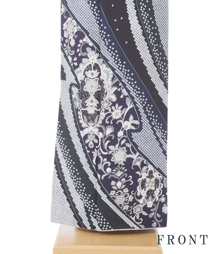 正絹訪問着ﾚ ﾝﾀﾙ 黒 疋田 更紗文様 鏡紋 8AD699