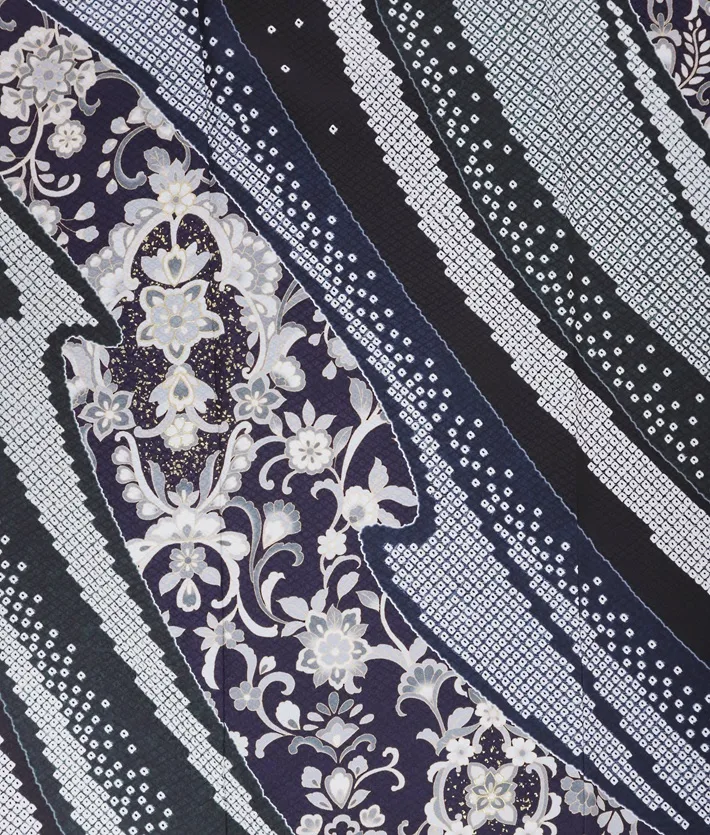 正絹訪問着ﾚ ﾝﾀﾙ 黒 疋田 更紗文様 鏡紋 8AD699