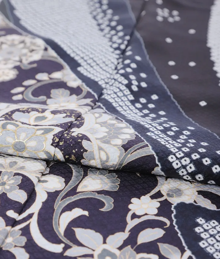 正絹訪問着ﾚ ﾝﾀﾙ 黒 疋田 更紗文様 鏡紋 8AD699