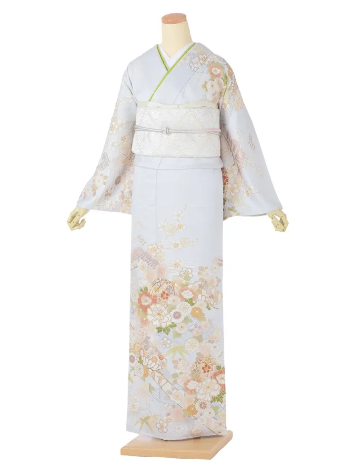 正絹訪問着ﾚ ﾝﾀﾙ 薄グレー 古典柄 吉祥文様 8AD700