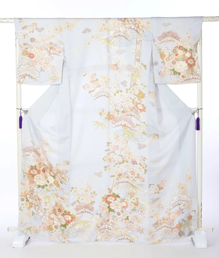 正絹訪問着ﾚ ﾝﾀﾙ 薄グレー 古典柄 吉祥文様 8AD700