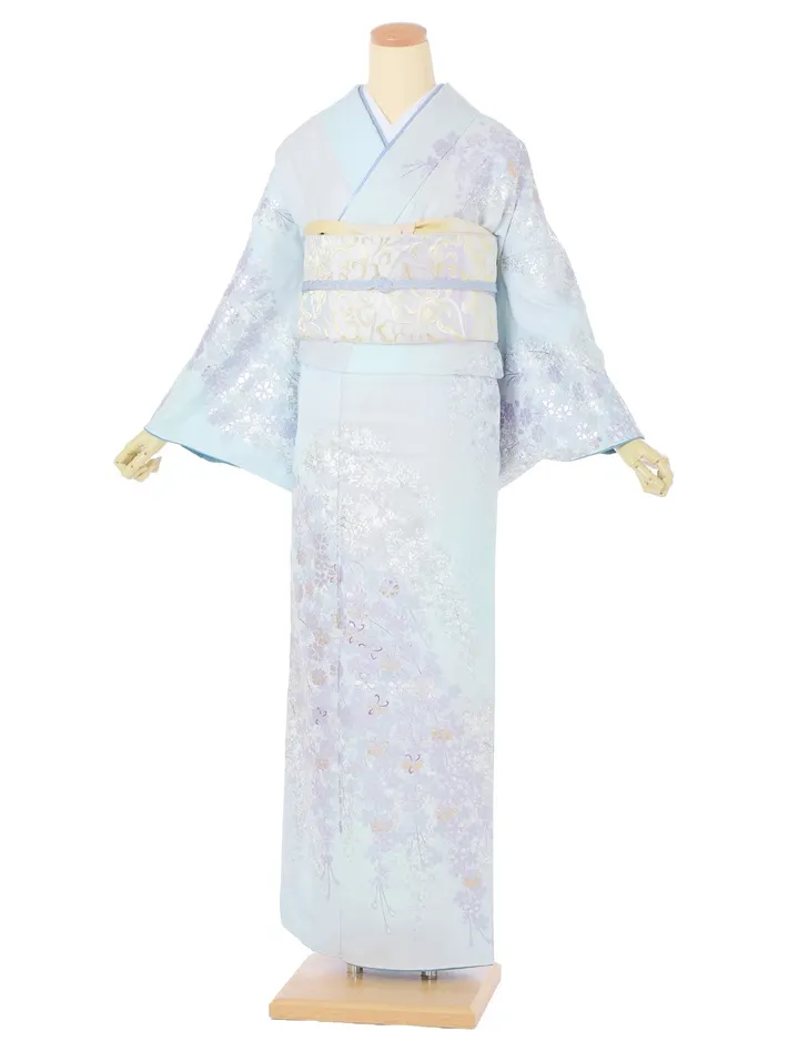 正絹訪問着レンタル 桂由美 水色 桜 銀彩 ミックスぼかし 8AD0721