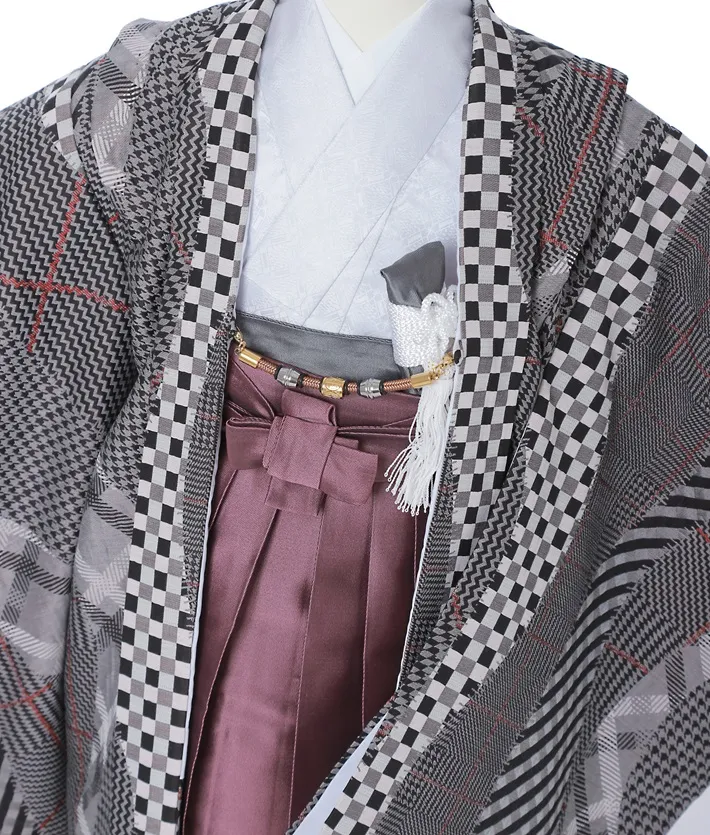 七五三ﾚﾝﾀﾙ グレー チェック 赤紫袴 (5歳男児) 8AO5155