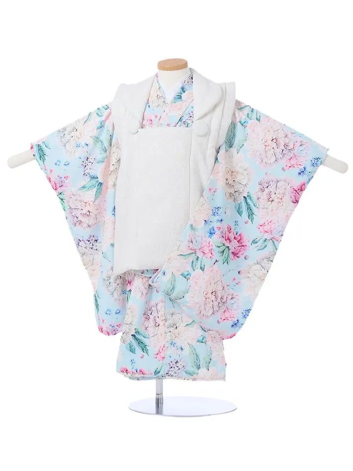 七五三ﾚﾝﾀﾙ 水色 牡丹 白被布 （三歳女児被布セット）8AP3290