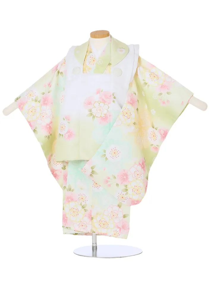 七五三ﾚﾝﾀﾙ 緑 黄色 桜 白被布 （三歳女児被布セット）8AP3292
