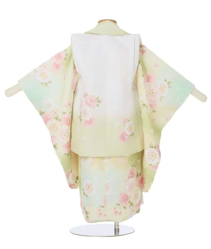 七五三ﾚﾝﾀﾙ 緑 黄色 桜 白被布 （三歳女児被布セット）8AP3292