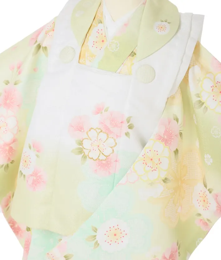 七五三ﾚﾝﾀﾙ 緑 黄色 桜 白被布 （三歳女児被布セット）8AP3292