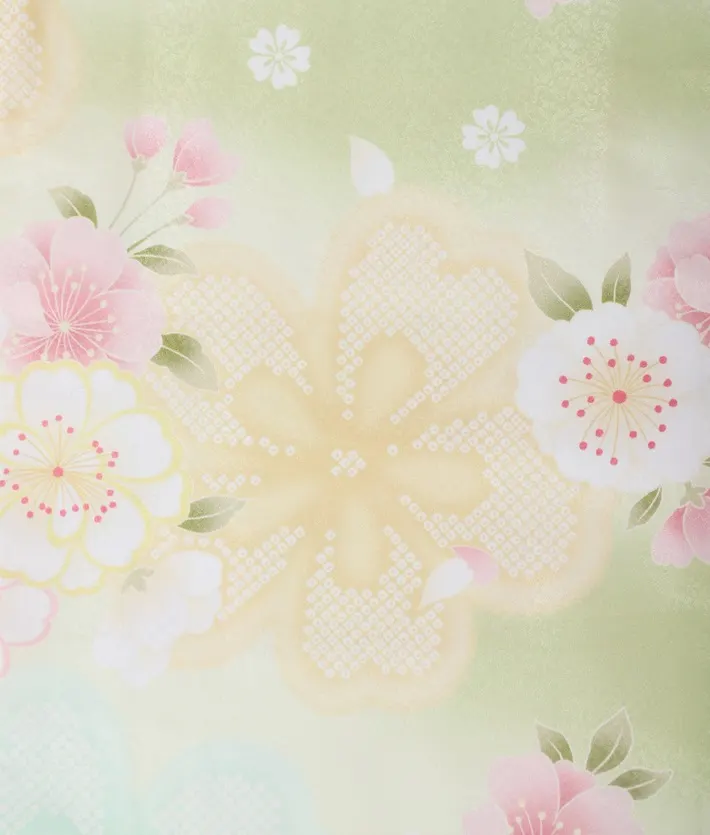 七五三ﾚﾝﾀﾙ 緑 黄色 桜 白被布 （三歳女児被布セット）8AP3292