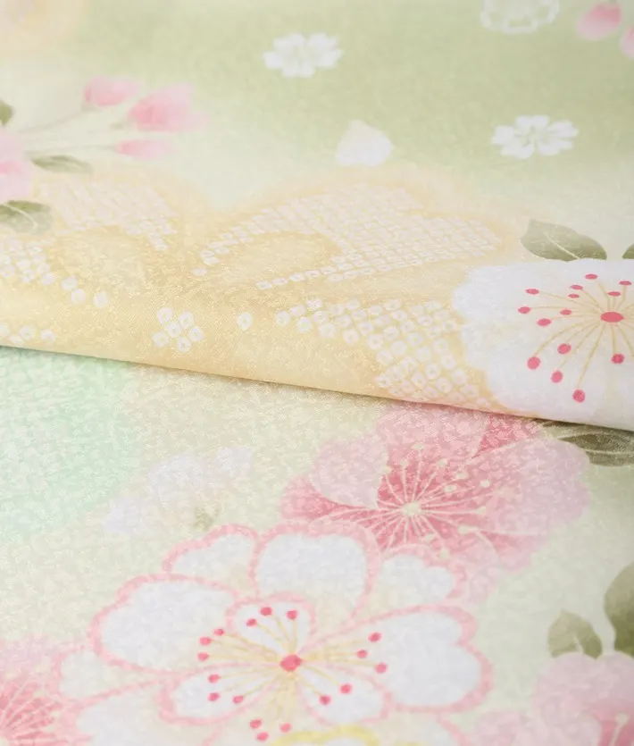 七五三ﾚﾝﾀﾙ 緑 黄色 桜 白被布 （三歳女児被布セット）8AP3292