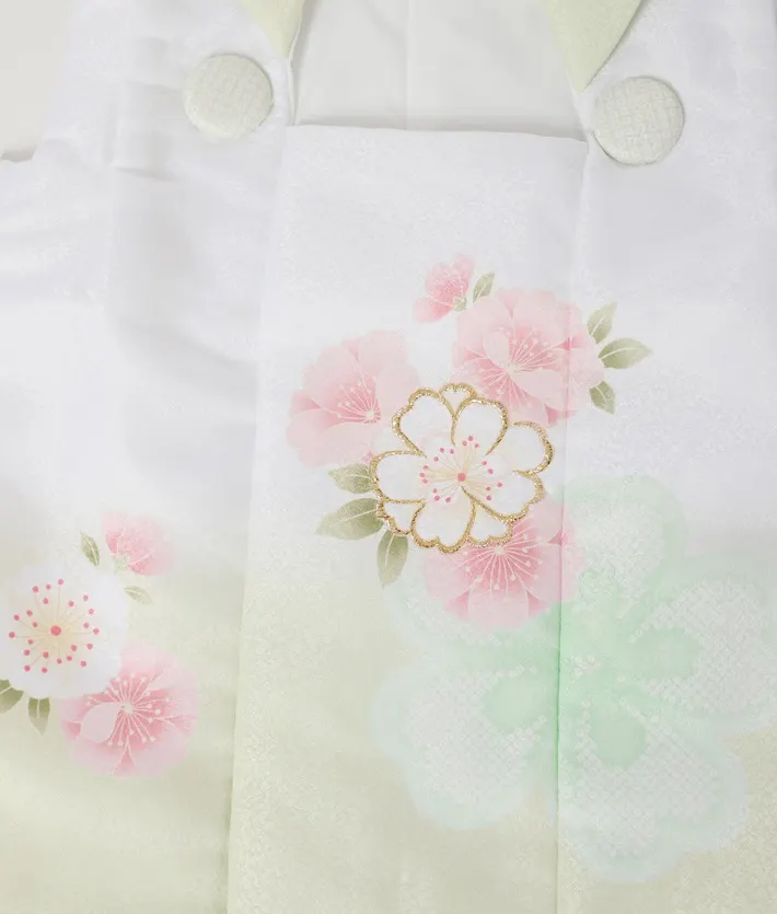 七五三ﾚﾝﾀﾙ 緑 黄色 桜 白被布 （三歳女児被布セット）8AP3292