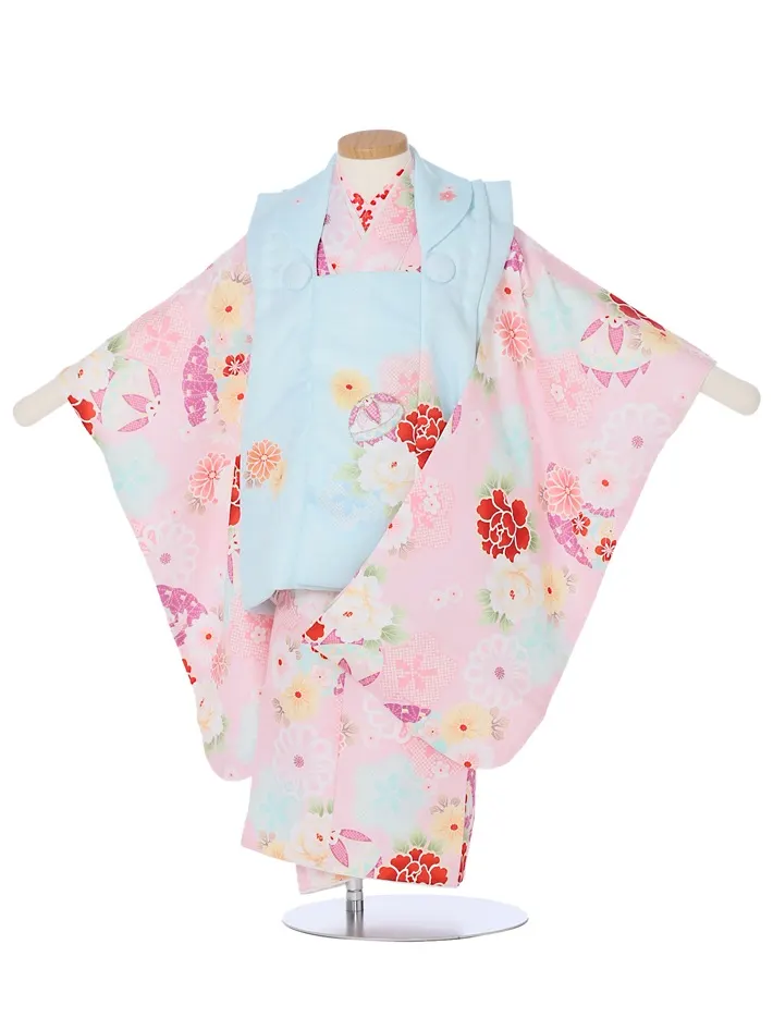 三歳女児被布セット ピンク 手毬 牡丹菊 水色被布 8AP3293