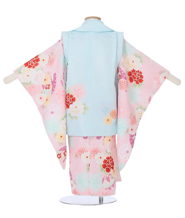 三歳女児被布セット ピンク 手毬 牡丹菊 水色被布 8AP3293