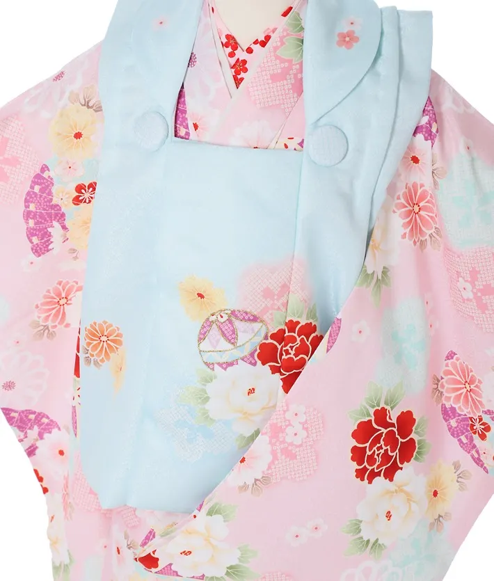 三歳女児被布セット ピンク 手毬 牡丹菊 水色被布 8AP3293