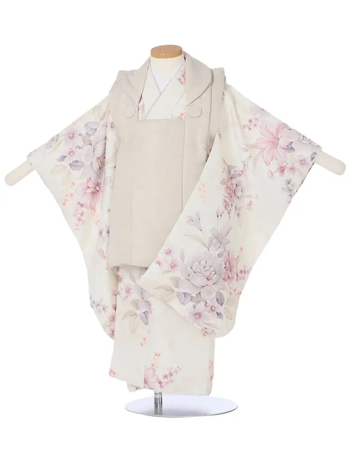 三歳女児被布セット クリーム レトロ牡丹 薄ベージュ被布 8AP3295