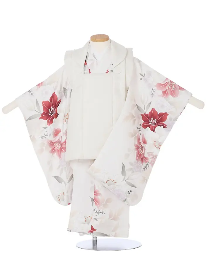 三歳女児被布セット 白 百合 アイボリー被布 8AP3296