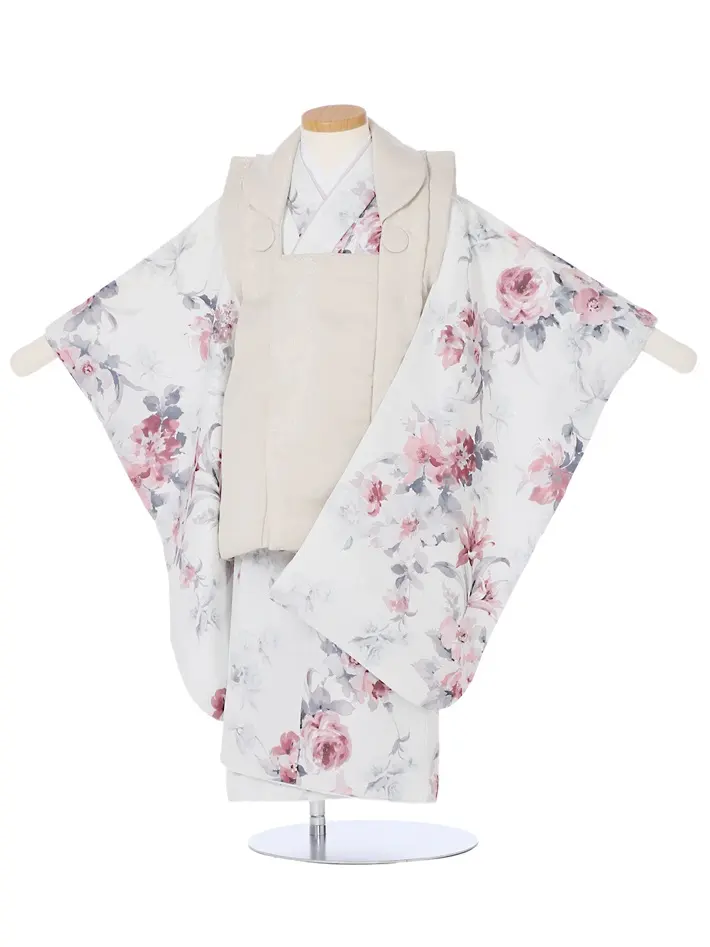 三歳女児被布セット 白灰 バラ牡丹 薄ベージュ被布 8AP3297