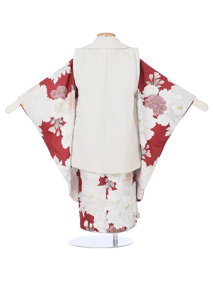 三歳女児被布セット 赤 牡丹 アイボリー被布 8AP3299