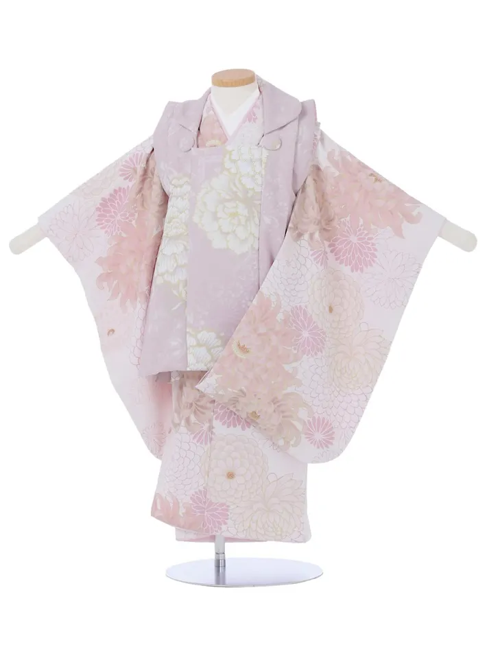 三歳女児被布セット ピンク オフホワイト 菊 牡丹 8AP3301