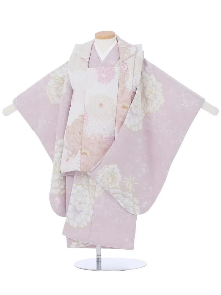 三歳女児被布セット くすみ紫 白被布 牡丹 菊 8AP3302