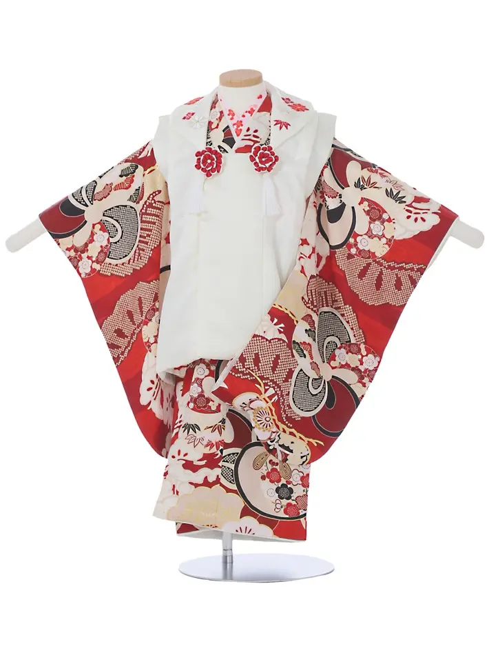 正絹 三歳女児被布セット 紅一点 赤 ねじり梅 8AP3303