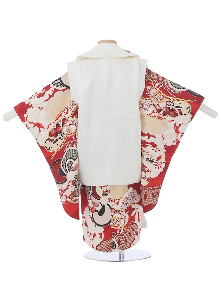 正絹 三歳女児被布セット 紅一点 赤 ねじり梅 8AP3303