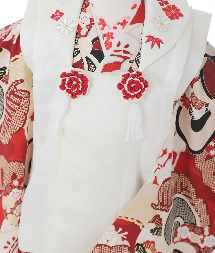正絹 三歳女児被布セット 紅一点 赤 ねじり梅 8AP3303