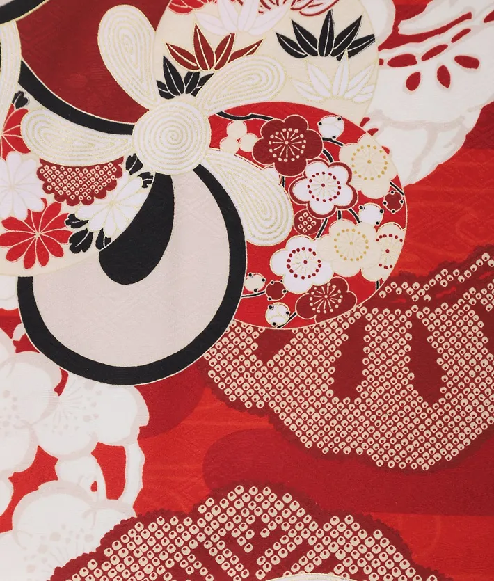 正絹 三歳女児被布セット 紅一点 赤 ねじり梅 8AP3303