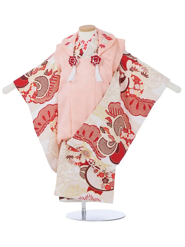 正絹 三歳女児被布セット 紅一点 オフホワイト ねじり梅 8AP3304