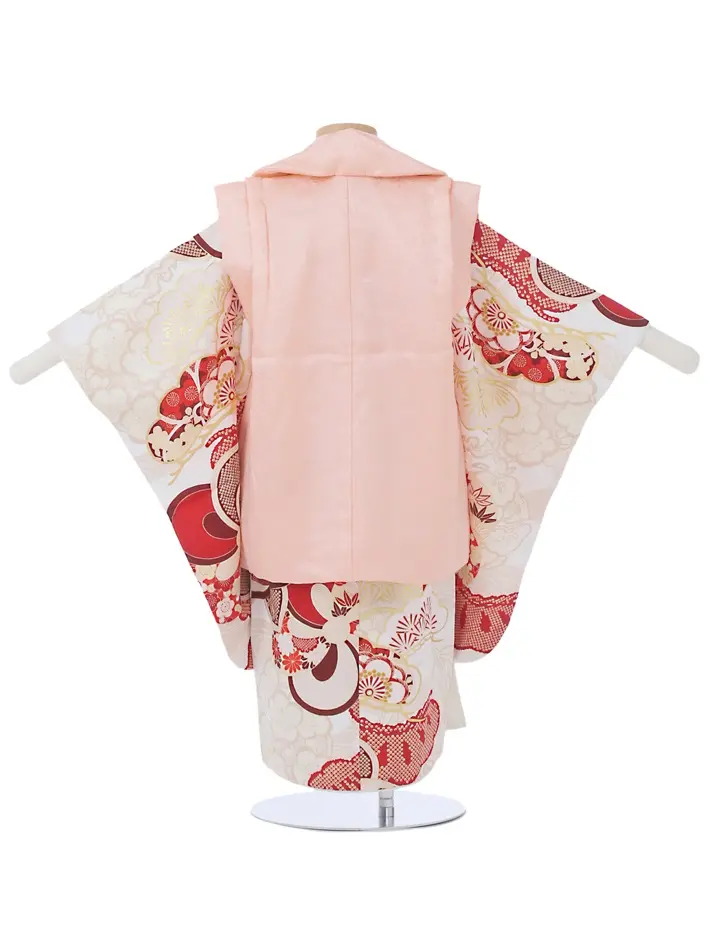 正絹 三歳女児被布セット 紅一点 オフホワイト ねじり梅 8AP3304