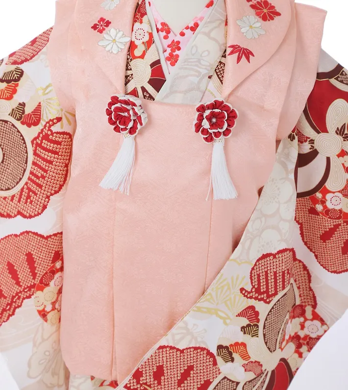 正絹 三歳女児被布セット 紅一点 オフホワイト ねじり梅 8AP3304