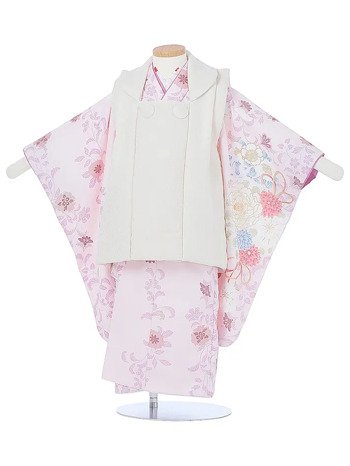 三歳女児被布セット ピンク 牡丹 菊 白被布 8AP3305