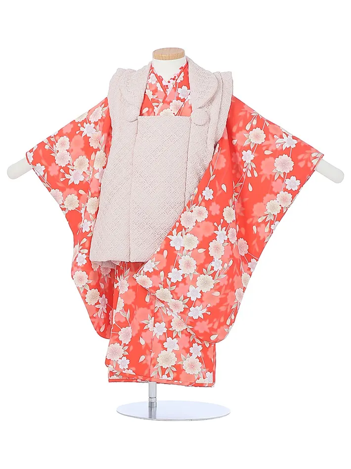 三歳女児被布セット オレンジ 桜 ピンクレース被布 8AP3310