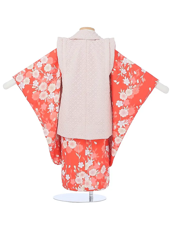 三歳女児被布セット オレンジ 桜 ピンクレース被布 8AP3310