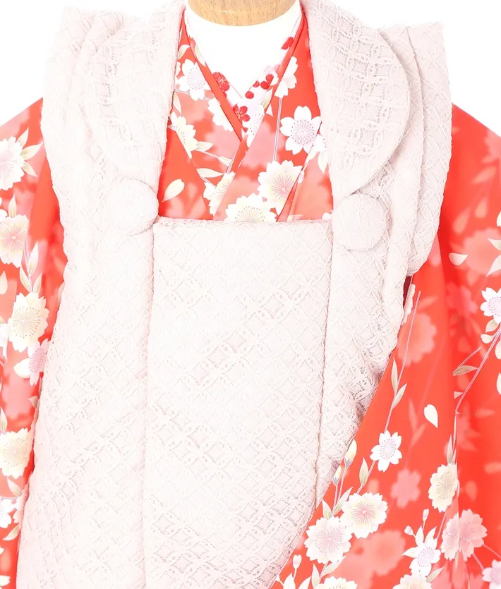 三歳女児被布セット オレンジ 桜 ピンクレース被布 8AP3310