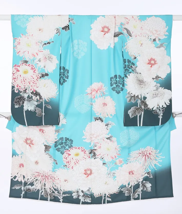 七五三ﾚﾝﾀﾙ（7歳女の子） 芸艸堂 ターコイズ 菊牡丹 8AP7193