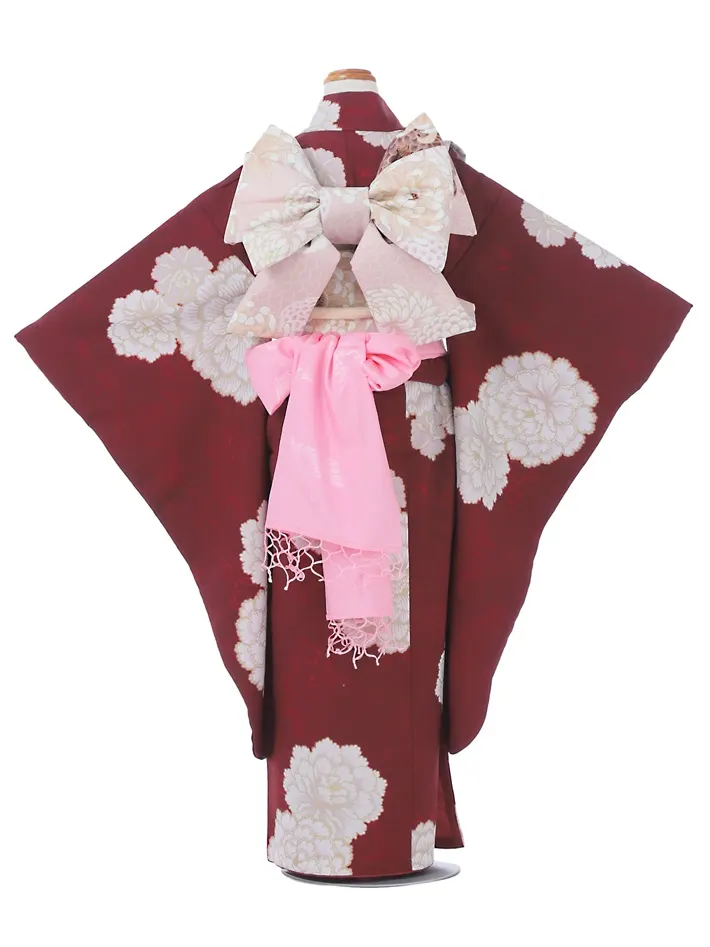七五三ﾚﾝﾀﾙ（7歳）ボルドー 牡丹 レトロ 8AP7204