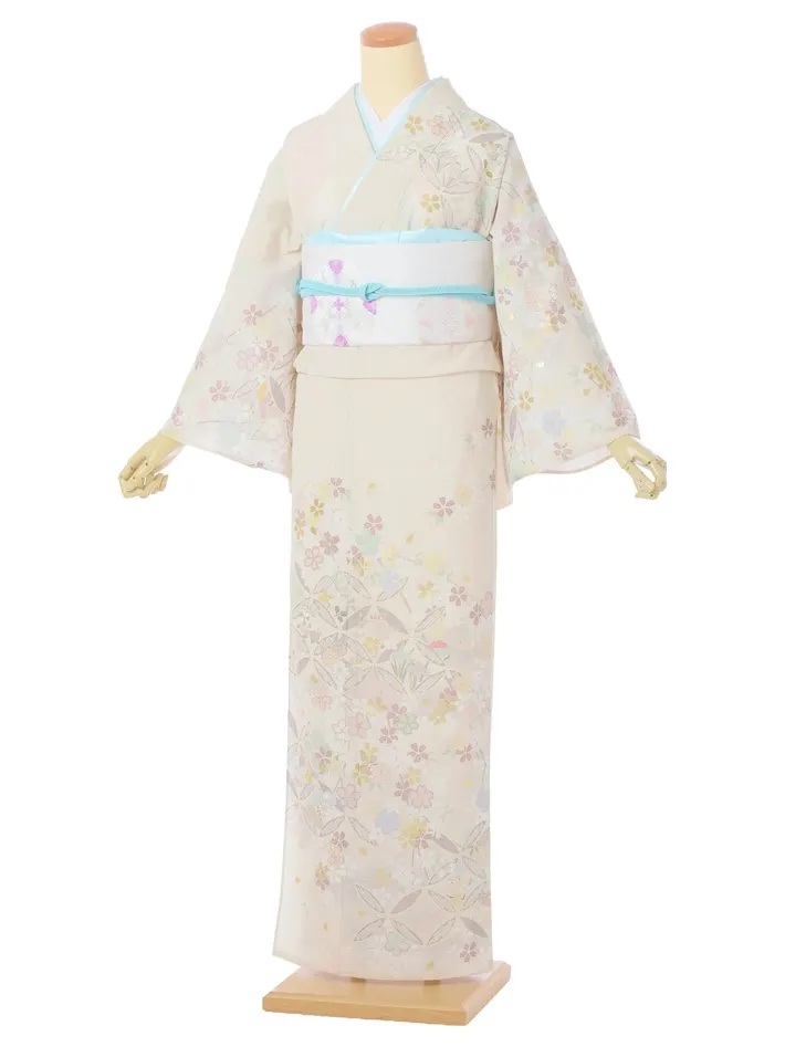 夏用訪問着レンタル 絽 ジャパンスタイル ベージュ 桜 七宝 8DT0010