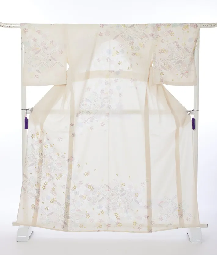 夏用訪問着レンタル 絽 ジャパンスタイル ベージュ 桜 七宝 8DT0010