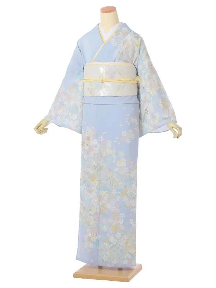 夏用訪問着レンタル 絽 ジャパンスタイル 水色 桜 七宝 8DT0011