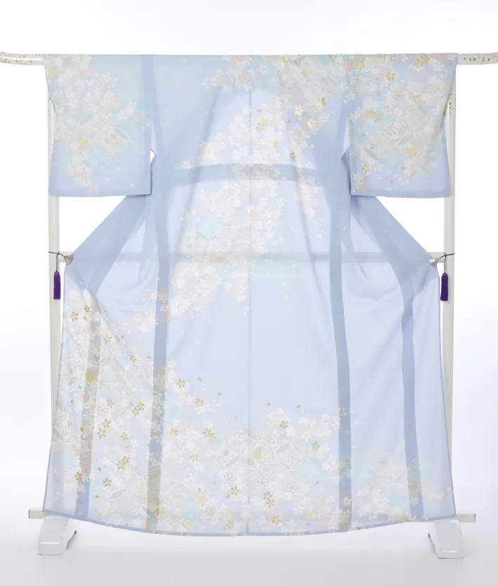 夏用訪問着レンタル 絽 ジャパンスタイル 水色 桜 七宝 8DT0011