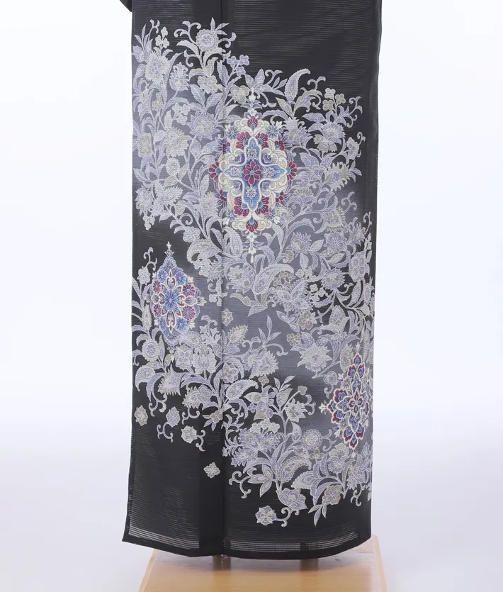 夏用黒留袖 レンタル8DV14 鏡紋 花唐草 身長150～160ｃｍ