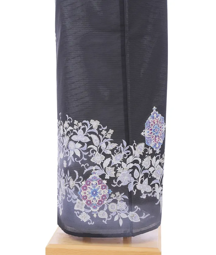 夏用黒留袖 レンタル8DV14 鏡紋 花唐草 身長150～160ｃｍ