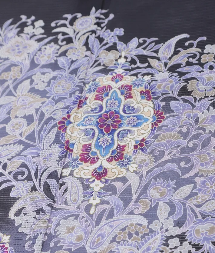 夏用黒留袖 レンタル8DV14 鏡紋 花唐草 身長150～160ｃｍ