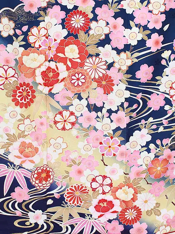 振袖0049　紺　桜/花模様/古典  肩ヤケアリ　貸出不可中